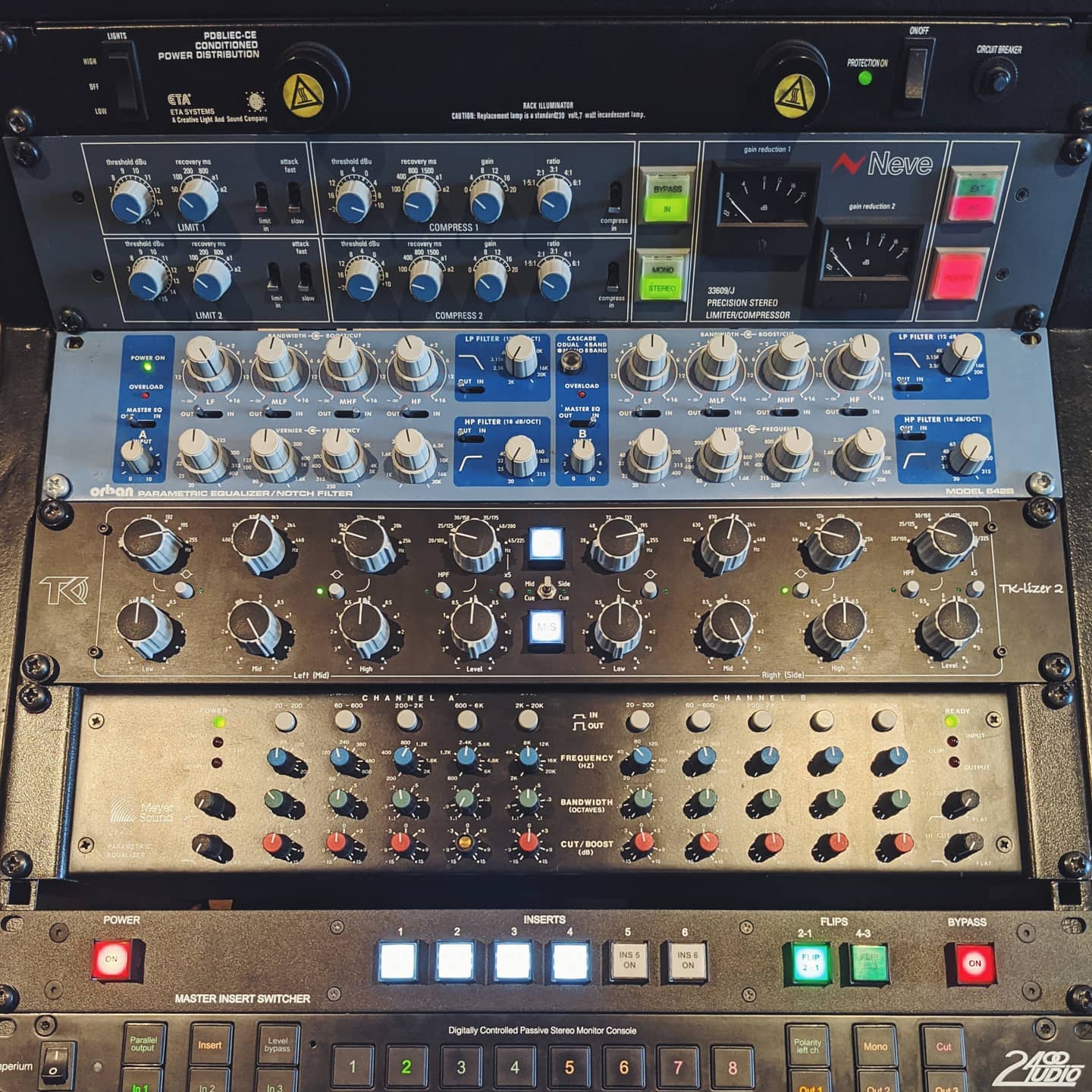 Outboard rack with Neve 33609J, Orban EQ, TK-lizer and Meyer Sound
